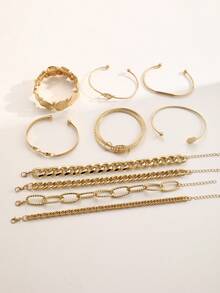 10pcs Fashion Minimalist Old Money Style Stackable Vintage Design Round Coin Cuban Chain Bracelet Set For Women, Date Party Ball Birthday Holiday Gift, Daily Versatile - Yellow Gold - View 8