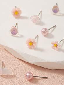 6 Pairs Women's Stud Earrings With Fresh Floral, Heart And Jellyfish Patterns, Suitable For Daily Casual Wear And Holiday Gifts - Baby Pink - View 4