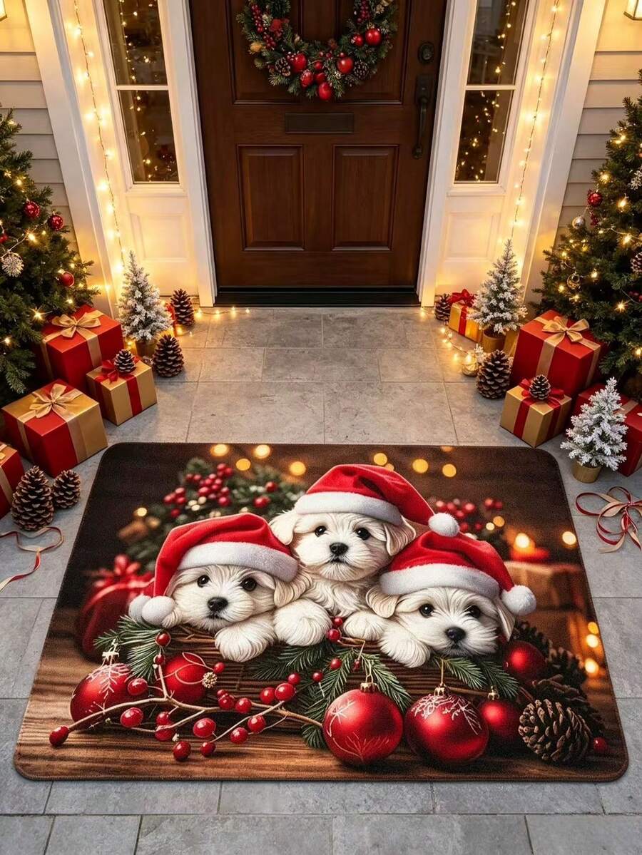 1pc 3 Little White Dogs Wearing Christmas Hats Christmas Welcome Mat, Small Rug, Welcome Mat, Carpet, Doormat, Outdoor Doormat, Kitchen Rug, Home Decor, Front Door Mat, Area Rug, Outdoor Mat, Home Decor, Area Carpet, Garden Rug - Multicolor - View 1