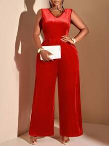 BIUBIU Luxurious Plus Size Long Jumpsuit With A Deep V Neck Sleeveless Design And A Gorgeous Backless Bow Accent For Holiday Parties - Redwood - View 4