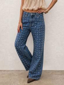 Women Washed Straight‑Leg Jeans With Slant Pockets & Metal Rivets, Heavy‑Duty Punk Western Retro Style, Comfortable. Music Festival, Fits All Figures - Blue - View 3