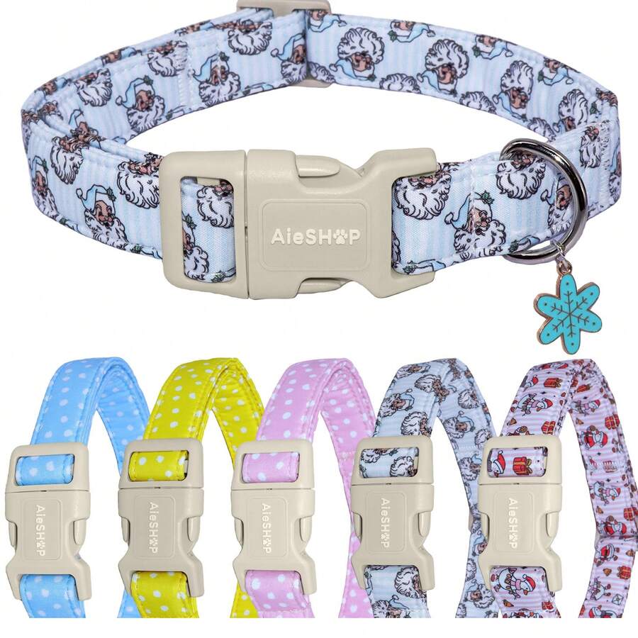 1PC Blue Santa Claus Cartoon Printed Dog Collar, Soft Adjustable Pet Collar With Quick Release Buckle, Adjustable Strap And Zinc Alloy D-Ring, Festive Christmas Pet Collar For Small, Medium And Large Dogs & Cats, Holiday Gift For Boys & Girls