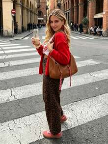 Autumn/Winter New Women's Casual Style Knit Cardigan, Red Solid Color Open Front, Suitable For Commuting And Daily Wear - Red - View 10