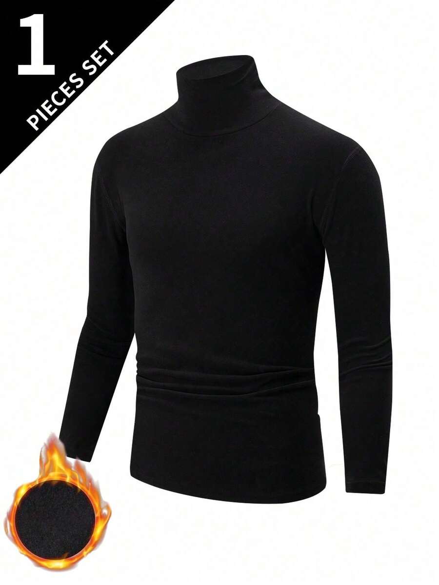 Reversible Fleece High Collar Long Sleeve T-Shirt For Men, Thick Warm Casual Base Layer Pullover Sweatshirt Tops For Autumn Winter - Black - View 1