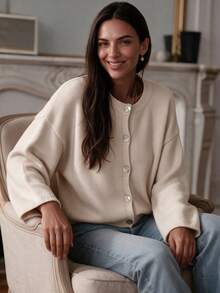 Comfortable Plus Size Regular Length Women's Cardigan, Medium Stretch Fabric, Ideal Choice For Autumn Women's Wear. - Apricot - View 8