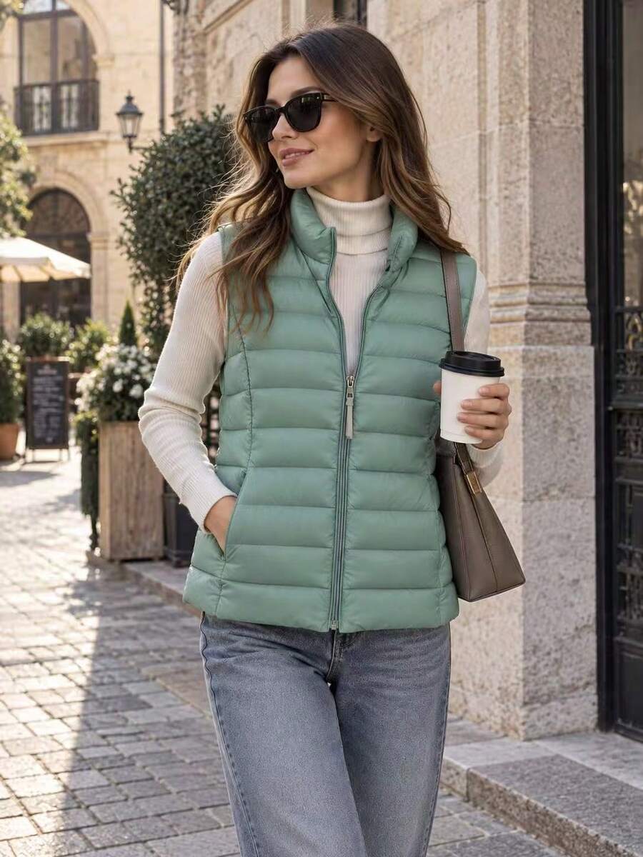 Women's Lightweight Puffer Vest, Sleeveless Zip-Up Stand Collar Quilted Gilet With Pockets, Casual Everyday Layering Jacket For Spring & Fall - Mint Green - View 1