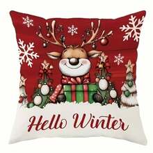 1PC Reindeer Pillow Cover Cute Reindeer With Ornament Antlers Hello Winter Print Cushion Case For Christmas Sofa Decor - Multicolor - View 9