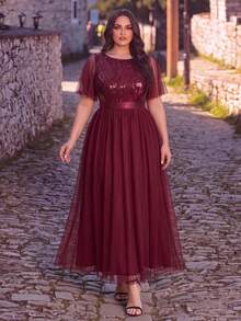 EVERPRETTY Plus Size Elegant Luxury Heavy Embroidery Sequin Mesh Patchwork Ruffle Sleeve A-Line Burgundy Formal Evening Gown For Evening Party Wedding Guest - Burgundy - View 1