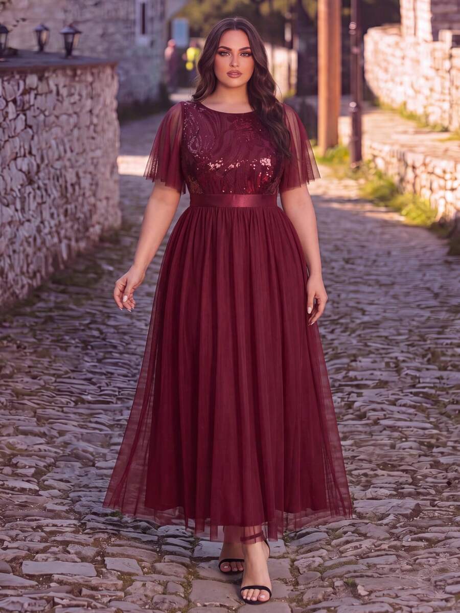 EVERPRETTY Plus Size Elegant Luxury Heavy Embroidery Sequin Mesh Patchwork Ruffle Sleeve A-Line Burgundy Formal Evening Gown For Evening Party Wedding Guest - Burgundy - View 1