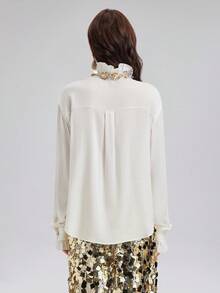 Rich Radi Q's Women's Elegant White Ruffle Collar Blouse, Rhinestone Embellished, Long Sleeve Woven Fabric Top, Fashionable Autumn Outfit - White - View 2
