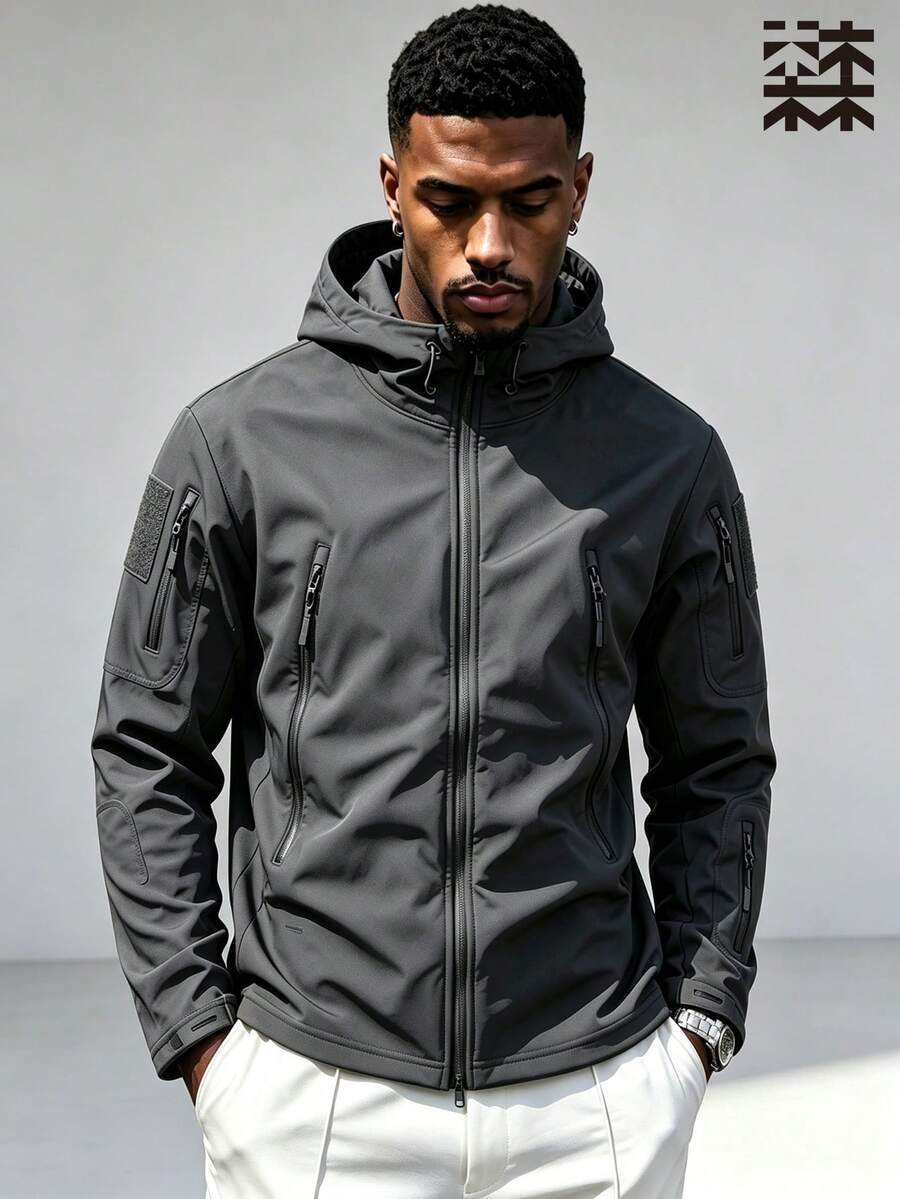 mulinsen Men's Outdoor Tactical Hooded Jacket, Multi-Zipper Pockets, Hook And Loop Decoration, Windproof And Wear-Resistant Workwear Jacket - Grey - View 1