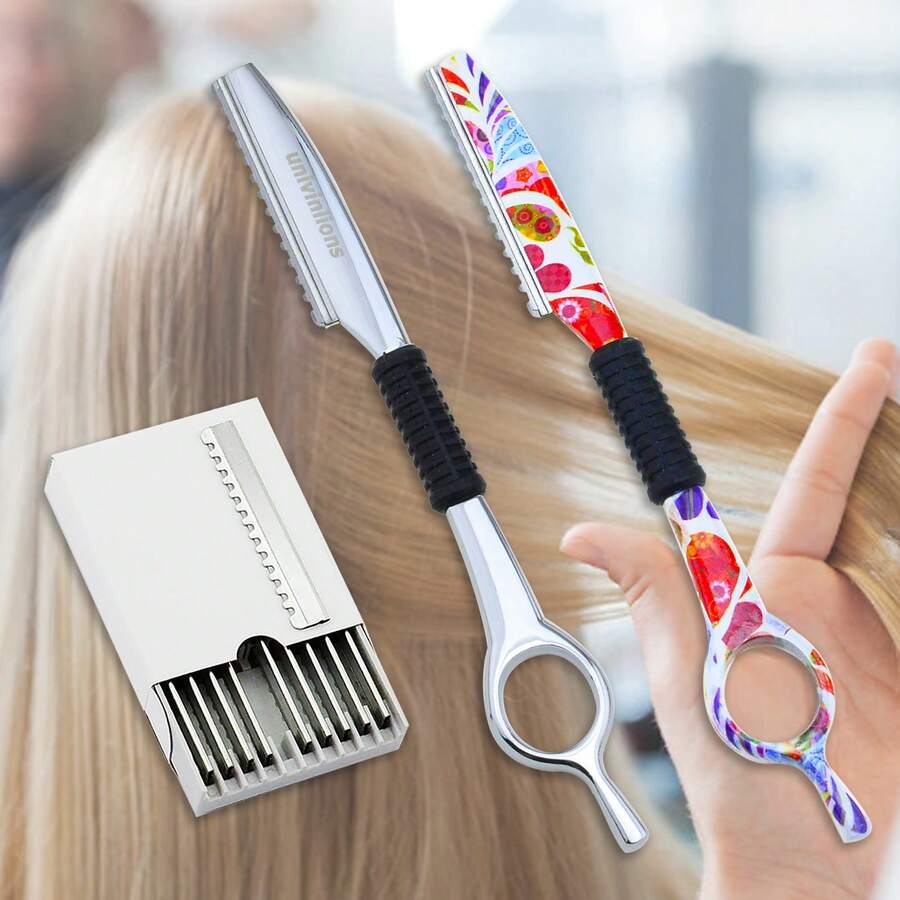 univinlions 7 Inch Barber Straight Razor Style Thinning Scissors, Includes 10 Replaceable Blades, Hair Cutting Scissors, Blade Thinning Hair Scissors - Multicolor - View 1
