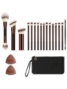 ronshadow 16pcs Makeup Brush Set With Leather Storage Bag, Triangular Powder Puff, Face Powder Brush, Blush Brush, Foundation Brush And Full Set Of Eye Brushes, Suitable For Students' Daily, Party, Makeup Practice, Short Trips And Touch-Up Scenarios - Multicolor - View 15