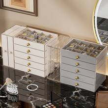 Large Capacity Jewelry Storage Box With 3 Drawers, Transparent Dust-Proof Display Box With Handle, Suitable For Rings, Earrings, Bracelets And Necklaces, Gray - Multicolor - View 3
