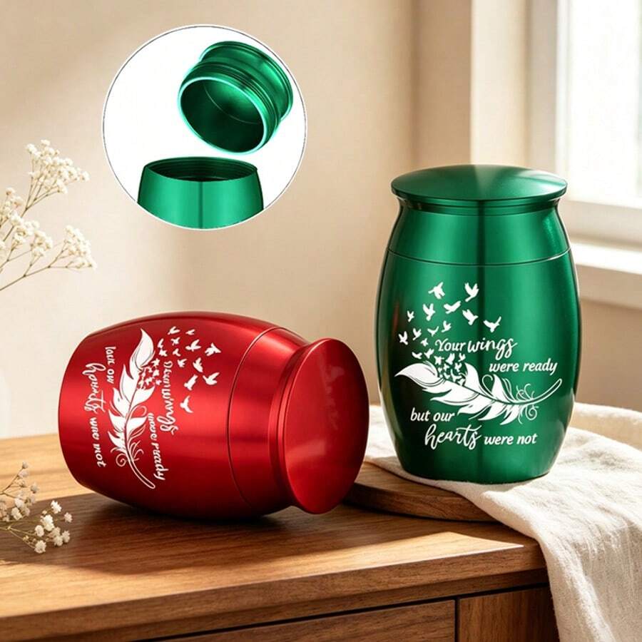 Small Keepsake Urns For Human Pet Ashes - Green/Red - Share Urn With Family & Friends Mini Cremation Urns With Feather Seagull Pattern Aluminum Alloy Memorial Ashes Holder - Multicolor - View 1