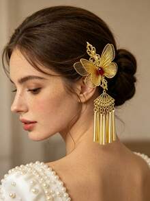 1pc Luxury 3D Metal Butterfly Wing Hair Clip With Ruby Pendant And Tassel, Women's Headpiece For Wedding And Banquet - Multicolor - View 1