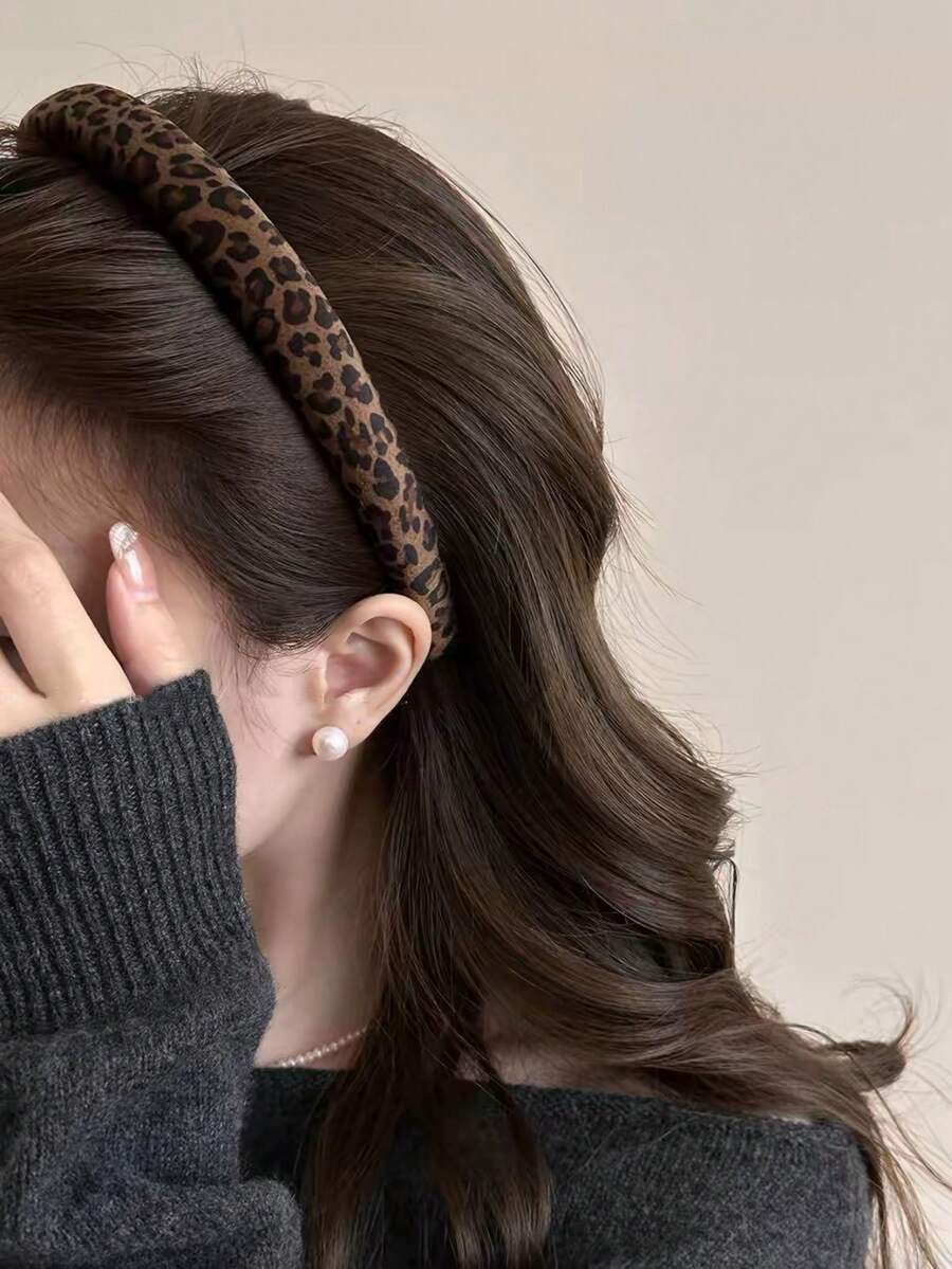 1pc Vintage Leopard Print Korean Style Velvet Sponge Headband, Autumn/Winter High Crown Fashion Elegant Hair Accessory
