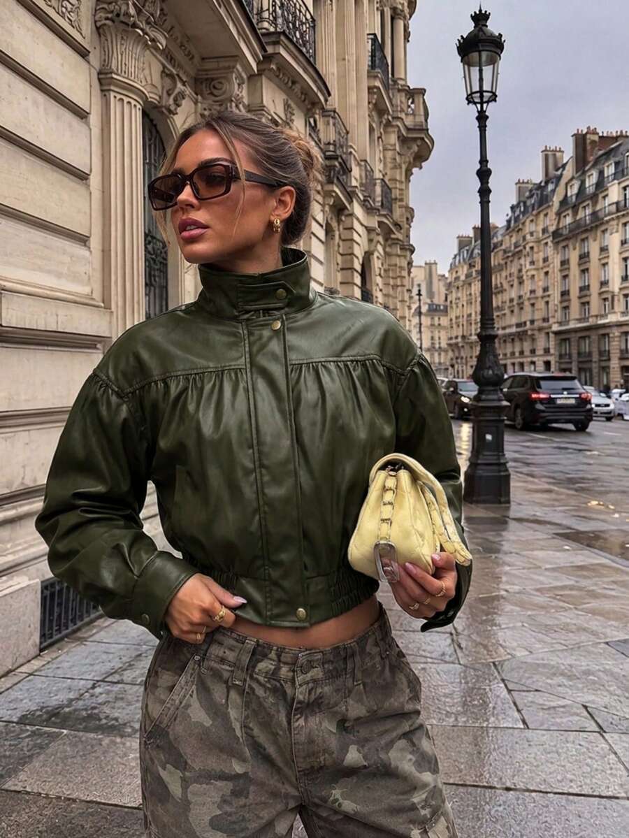 Women's Fall/Winter Halloween & Christmas Stand Collar PU Leather Loose Fit Cropped Streetwear Jacket – Perfect For Commuting & Back-To-School Outfits - Army Green - View 1