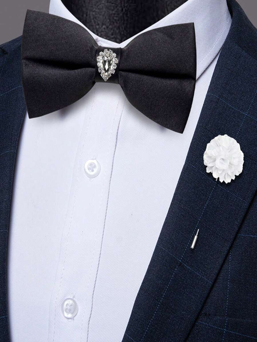 Men's Simple Black Bow Tie Set, 3Pcs Detachable Rhinestone Ring & Boutonniere, Formal Wedding Accessories - Black - View 1