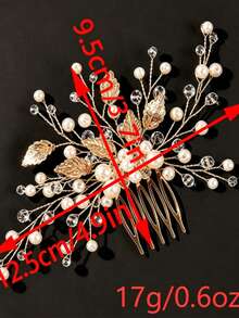 European & American Bridal Gold Leaf Faux Pearl Crystal Hair Comb, Handmade Updo Hair Comb, Wedding Headpiece, Evening Party Hair Accessory - Gold - View 3