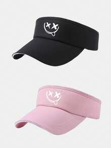 1/2件裝 中性笑臉刺繡開頂遮陽帽，寬帽簷防曬馬尾帽，透氣可調節戶外運動帽 - 彩色 - 查看 17