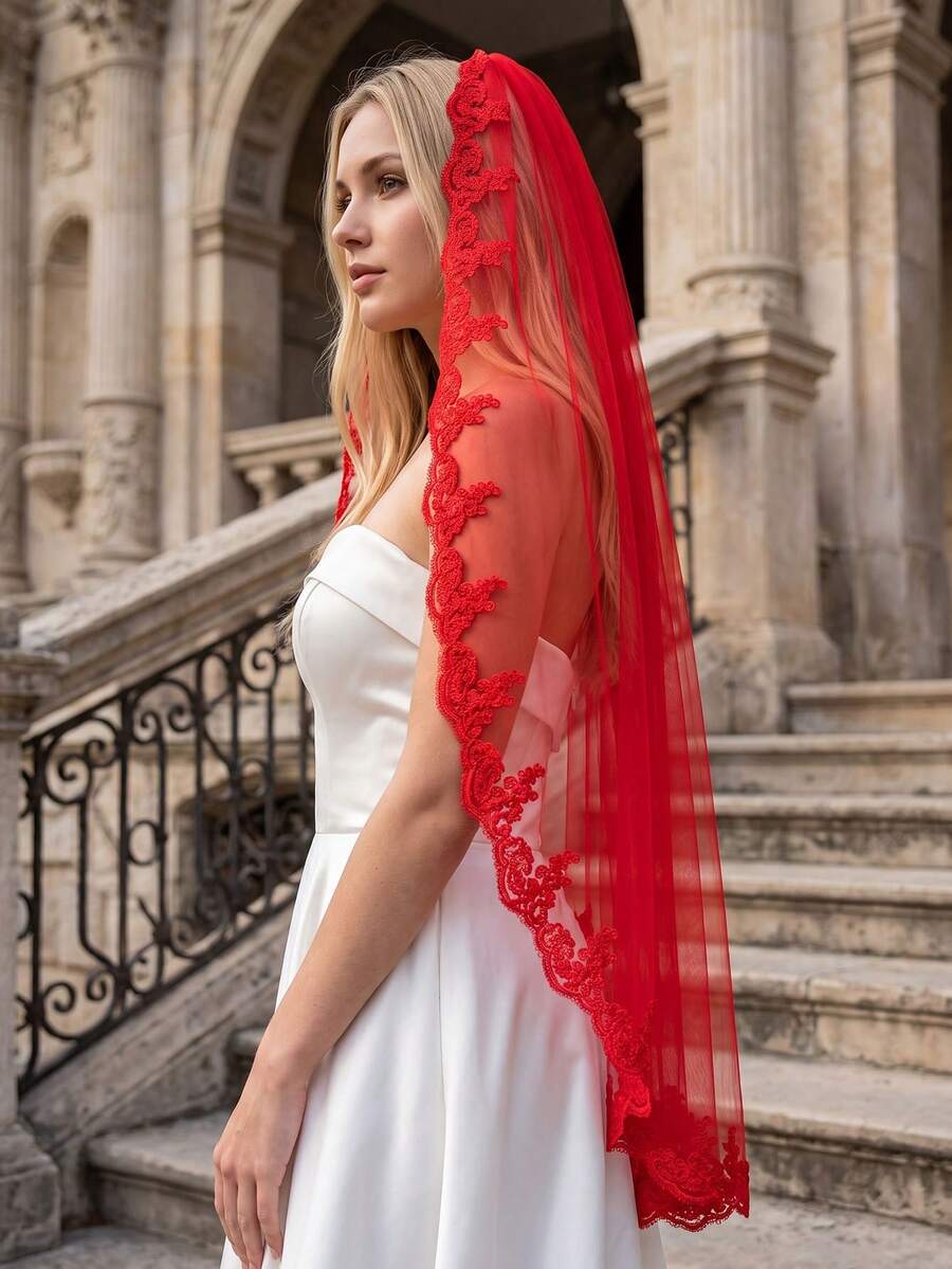 1 Pc Red Wedding Veil Lace Applique Fingertip Length Bridal Veil With Comb For Theme Wedding Halloween Costumes - Multicolor - View 1