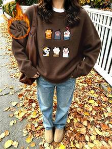 Plus-Size Women's Casual Round Neck Faux Knit Sweater, Cute Cat Paw Print, Fashionable And Versatile Women's Top For Autumn And Winter Commuting. - Brown - View 7