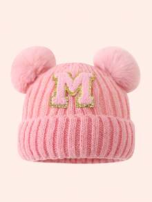 1pc Pink Kids Hat 26 Letters Baby Knitted Cap Boys Girls Warm Beanie Suitable For Outdoor Travel Daily Wear - Pink Gold Logo On Crown - Pink Double Ball Cap - View 22