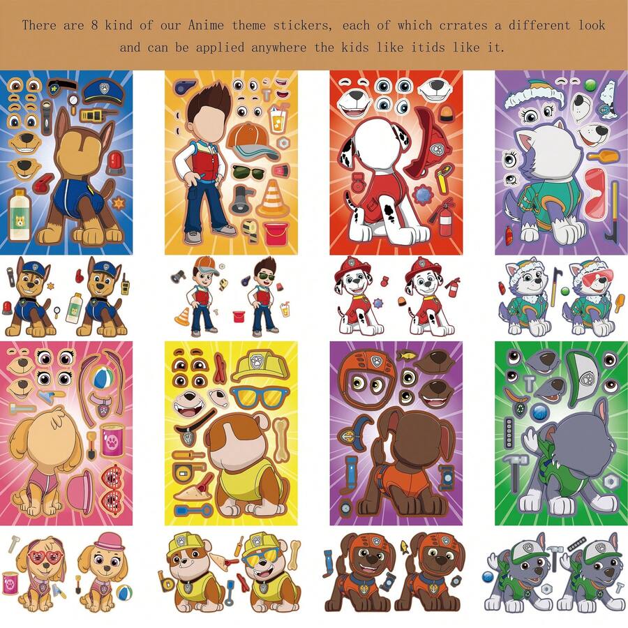 8pcs Cartoon Puppy DIY Collage Stickers, Mixed And Matched Facial Feature Combination Sticker Set, Puzzle Handmade Stickers, Interactive Toys For Birthday Parties, As Birthday Gifts, Easter, Holiday Party Gifts - Multicolor - View 1