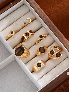 8pcs Multi-Layer Stackable Fashion Minimalist Elegant Exquisite Vintage Design Faux Tiger Eye Oil-Drip Moon Star Textured Metal Style Chunky Rings Set, Holiday Vacation Party Date Gift, Daily Commute Wear, Personalized - Yellow Gold - View 3