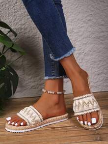 1 Pair Women's Flat Sandals, Bohemian Woven Strap Slides, Vacation Thick Sole Slippers - Beige - View 5