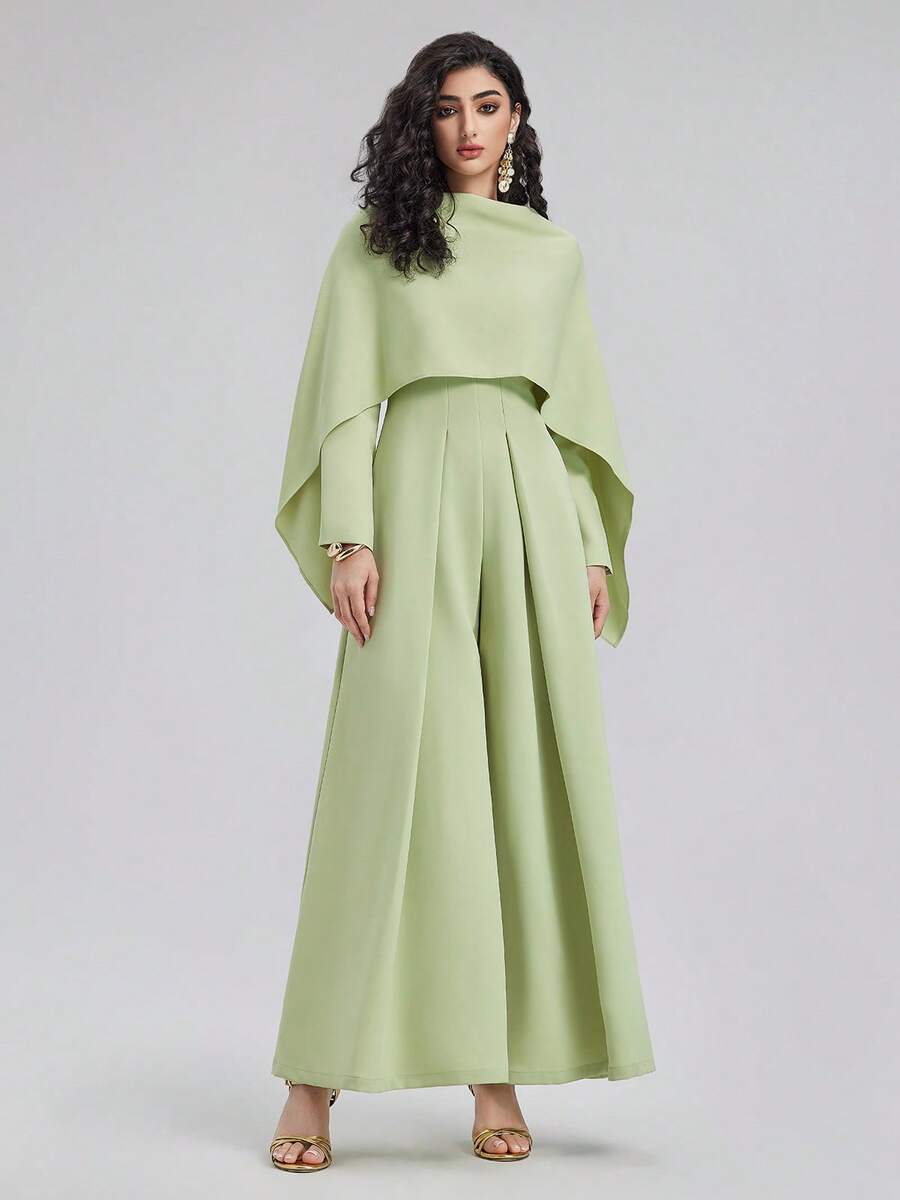 Rich Radi Q's Women's Full-Length Wide-Leg Jumpsuit, Light Green Formal Evening Style, Round Neck Long Sleeve Woven Non-Stretch Fabric, With Cape Design - Green - View 1