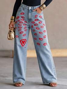 Spring Autumn Winter Versatile Fashion Casual Elegant Holiday Daily Date Travel Airport Outfit Denim Women's Printed Design Washed Straight Leg Long Pants - Blue - View 4