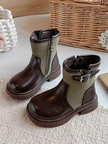 Kids Vintage Splicing Ankle Boots, Fashion Fabric & Smooth Texture Shoes With Single Buckle & Side Zipper, Non-Slip Chunky Sole Casual Walking Boots - Brown - View 1