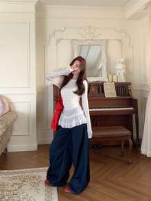 Women's Casual Long Sleeve T-Shirt With Frill Trim Patchwork - White - View 9