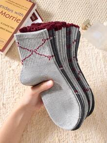 4 Pairs Women's Cute Cartoon Bow, Floral, Striped, Lace Pattern Mid-Calf Socks, Casual Comfortable School Style Student Socks, Fashionable Comfortable Random Colors Suitable For Daily Wear Spring Summer Autumn Winter All Seasons - Multicolor - View 7