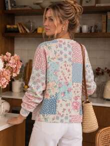 Plus Size Women's Patchwork Floral Print Round Neck Front Button Knit Cardigan, Long Sleeve Loose Fit Jacket, Suitable For Autumn/Winter Daily Wear And Coffee Shop Outfits - Color - View 3
