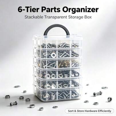 1pc Multi‑Tier Clear Detachable Tool Storage Box With Handle, Portable Hardware Parts Organizer For Garage Small Accessories