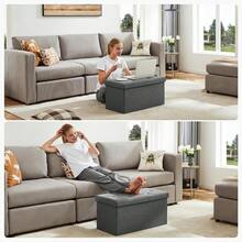 Banco Otomano de Almacenamiento Plegable de 30 Pulgadas con Tapa Acolchada y Diseño Botonado, Baúl Organizador de Tela Tipo Lino, Taburete para Zapatos o Juguetes, Asiento Resistente para Sala y Recámara en Color Gris Oscuro, Gran Capacidad, Fácil de Armar y Guardar - Gris - Ver 6