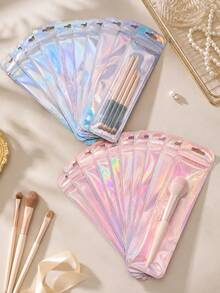 100pcs Holographic Laser Silver And Rose Gold Zipper Gift Bags, Reusable Sealable Packaging For Small Business, Suitable For Makeup Brushes, Pens, Lipsticks And Jewelry, Perfect For Back To School And Valentine's Day - Laser-cut Pencil Case - View 1