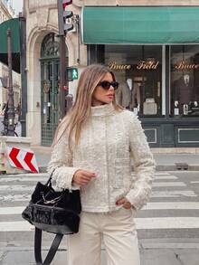Women's Stand Collar Tassel Textured Short Jacket, Long Sleeve Pocket Decor Zipper Cardigan Casual Short Coat - White - View 1