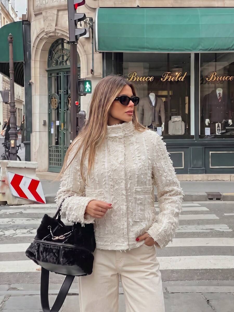 Women's Stand Collar Tassel Textured Short Jacket, Long Sleeve Pocket Decor Zipper Cardigan Casual Short Coat - White - View 1