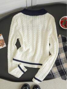 Sweater Wanita Musim Gugur/Dingin Y2K Manis dengan Ikatan Depan, Atasan Rajut Bertekstur Warna Kontras - Aprikot - View 8