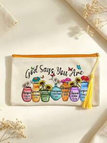 Canvas Zipper Makeup Bag, Printed With God's Blessing Message Pattern, Vase Flower Butterfly Pattern, Paired With Tassels, Can Be Used As Toiletry Bag,Travel Storage Bag,Stationery Bag,Reusable Cosmetic Organizer, Print Toiletry , A Gift From God - Multicolor - View 8