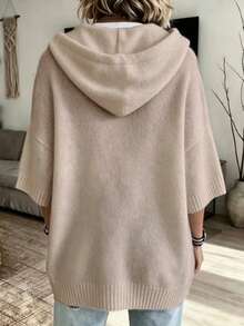Plus Size Women's Casual Fashion Solid Color Loose Hooded Knit Sweater Pullover Cardigan Autumn/Winter Knit Top - Apricot - View 2