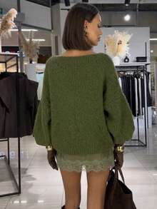 2026 Women's Comfortable Green Chunky Knit Long Sleeve Oversized Pullover Wool Sweater, Autumn/Winter Essential - Green - View 5