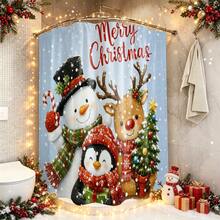 1pc Christmas Snowman & Reindeer Pattern Shower Curtain, Vintage Design, Waterproof, Suitable For Bathtub Partition, Bathroom Decor And Accessories, Christmas Decoration, Home Decor Gift, Includes 12 Hooks - Multicolor - View 6