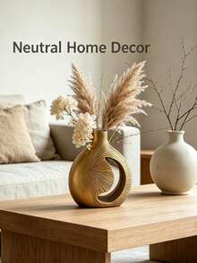1 Golden Abstract Hollow Resin Vase, Radiating Textured Decorative Vase, Modern Bohemian Tabletop Home Decor, Suitable For Living Room, Hallway, Bedroom, And Dining Room Decoration, Perfect As A Housewarming Gift - Earthy Gold Moon Vase - View 8