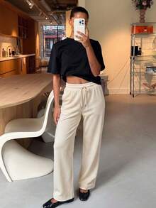 Women Solid Drawstring Waist Wide Leg Sweatpants, Casual Loose Fit Lounge Trousers - Apricot - View 5