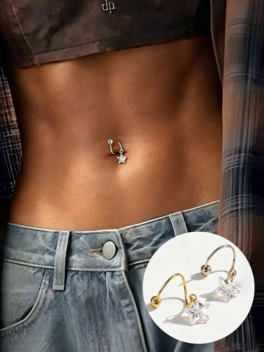 1pc S925 Sterling Silver Circular Zirconia Star Navel Piercing, With Round Spring Screw, Suitable For Daily Wear, Perfect Gift For Girlfriend, Mother And Sister - Single - View 1